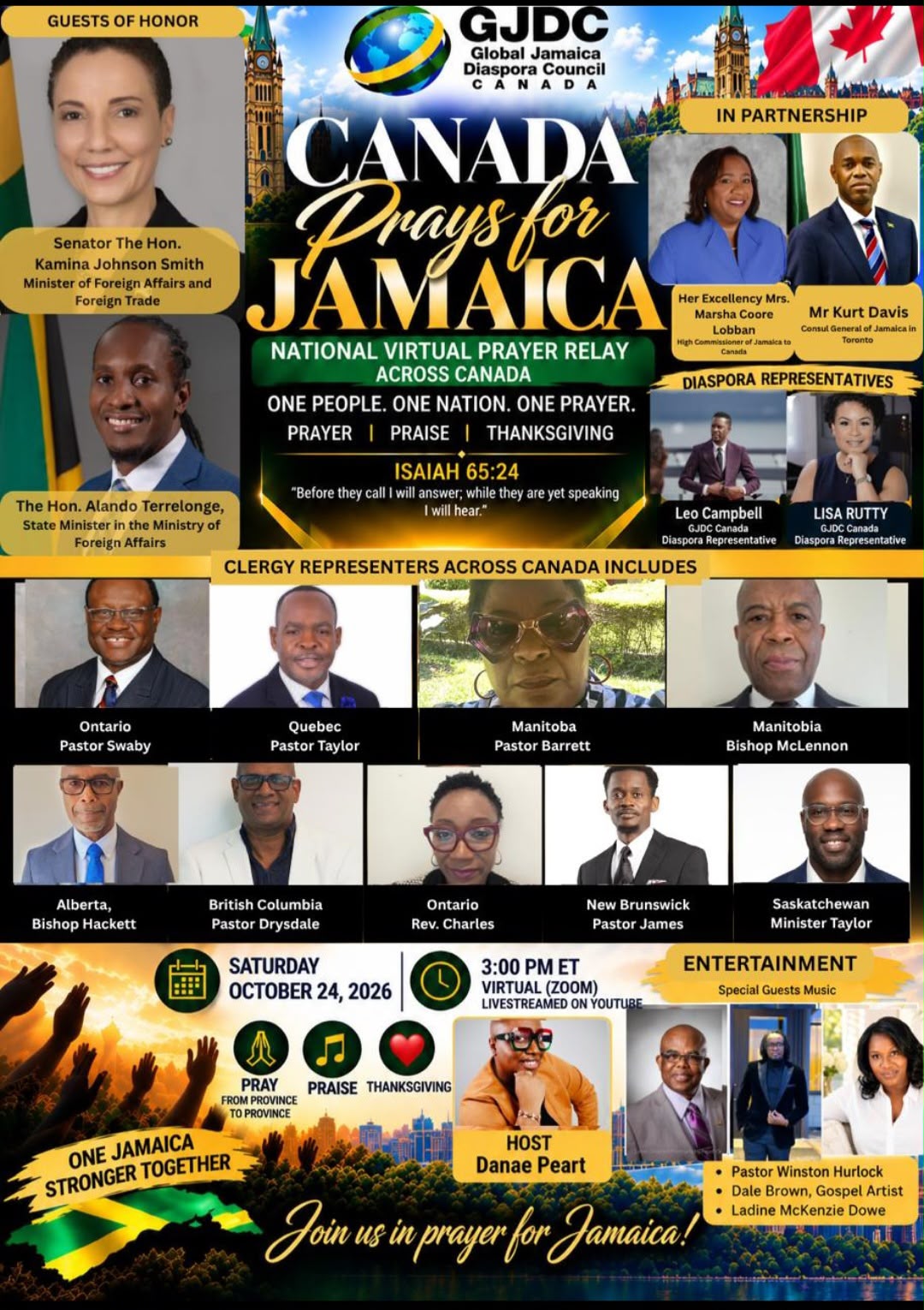 Official Canada Prays for Jamaica flyer showing the guests of honour, diaspora representatives and clergy representatives across Canada.