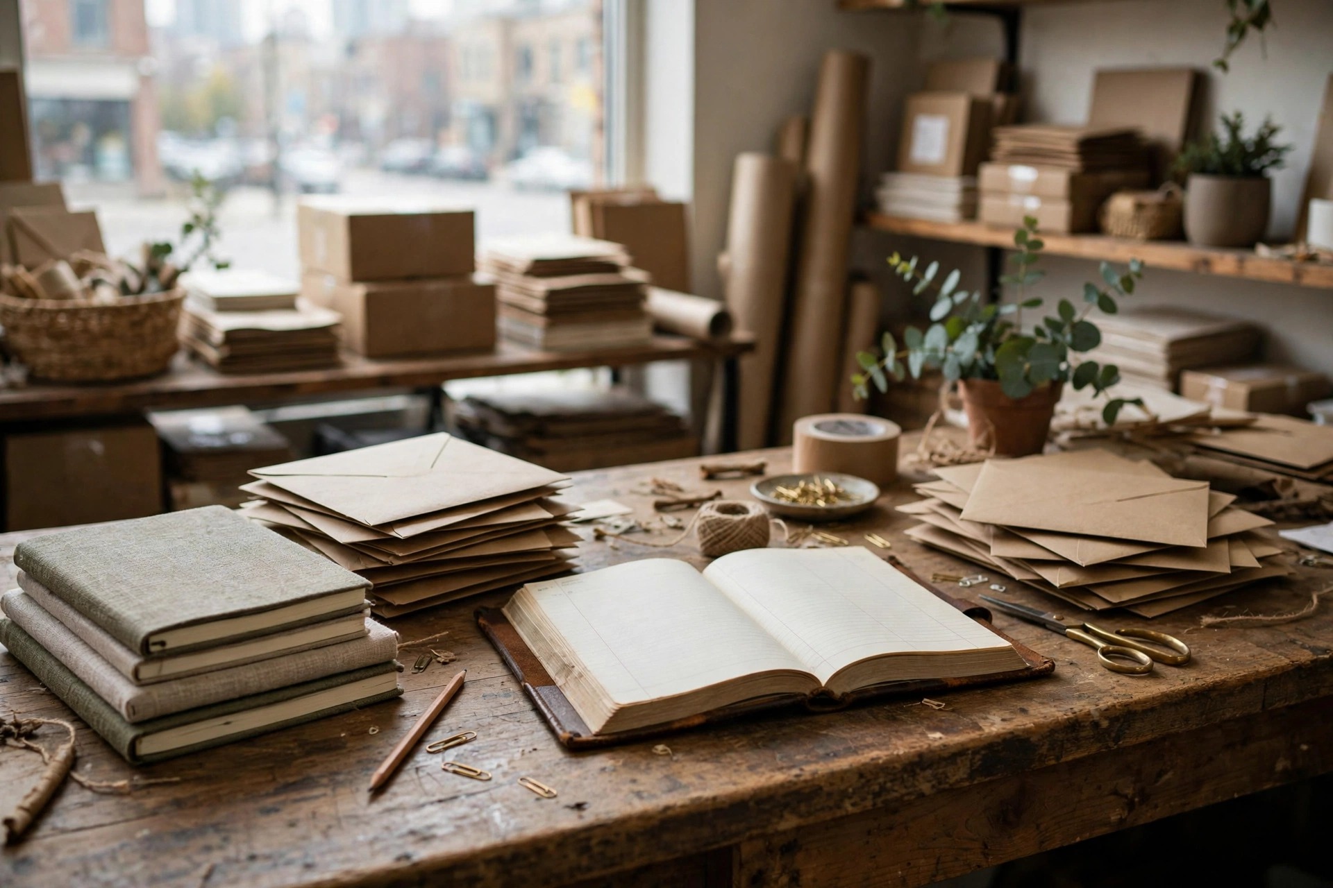 A small shop counter with notebooks, envelopes and a ledger, the everyday paperwork behind a small business.