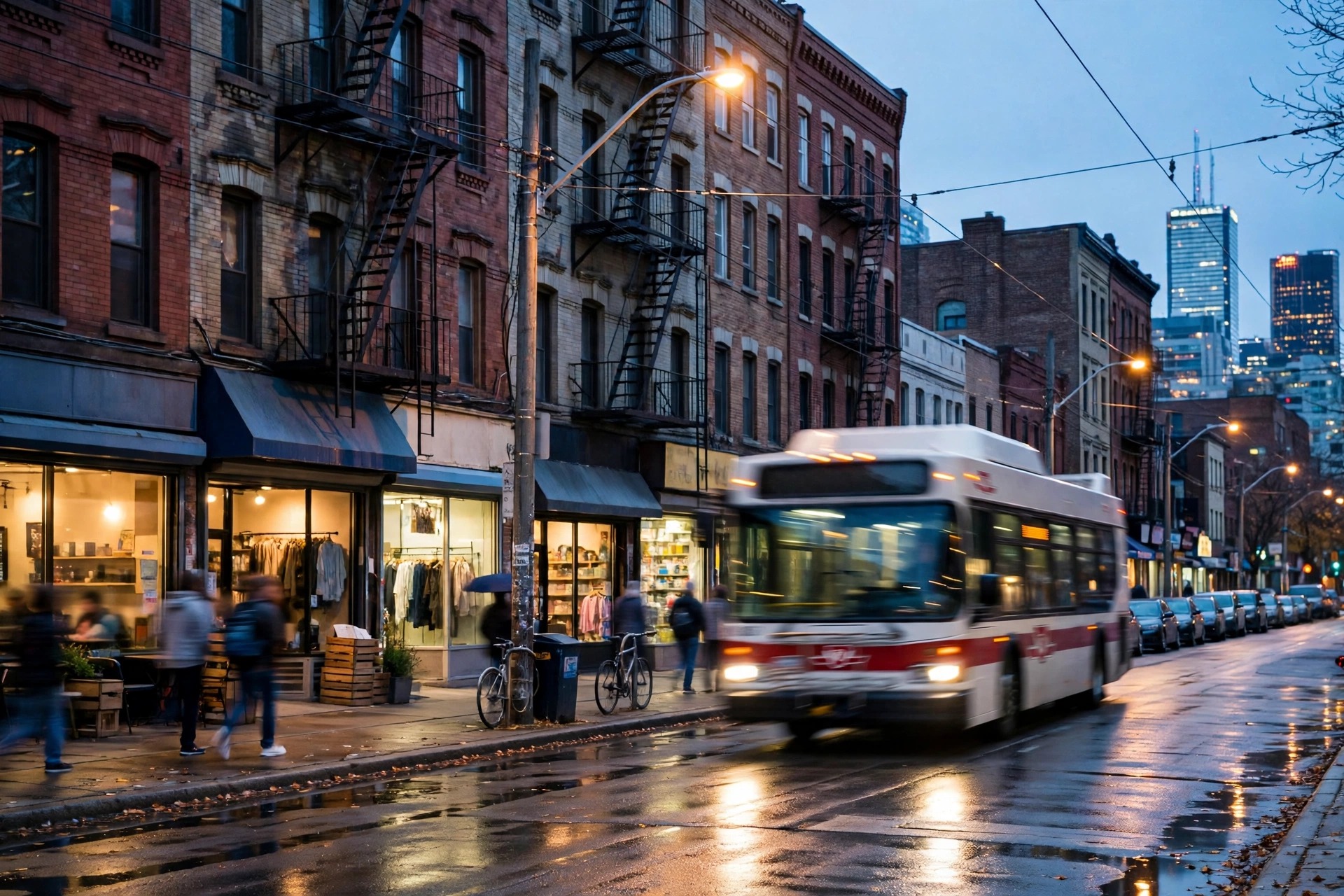 A Toronto street at dusk, with everyday storefronts lit and a city bus passing.