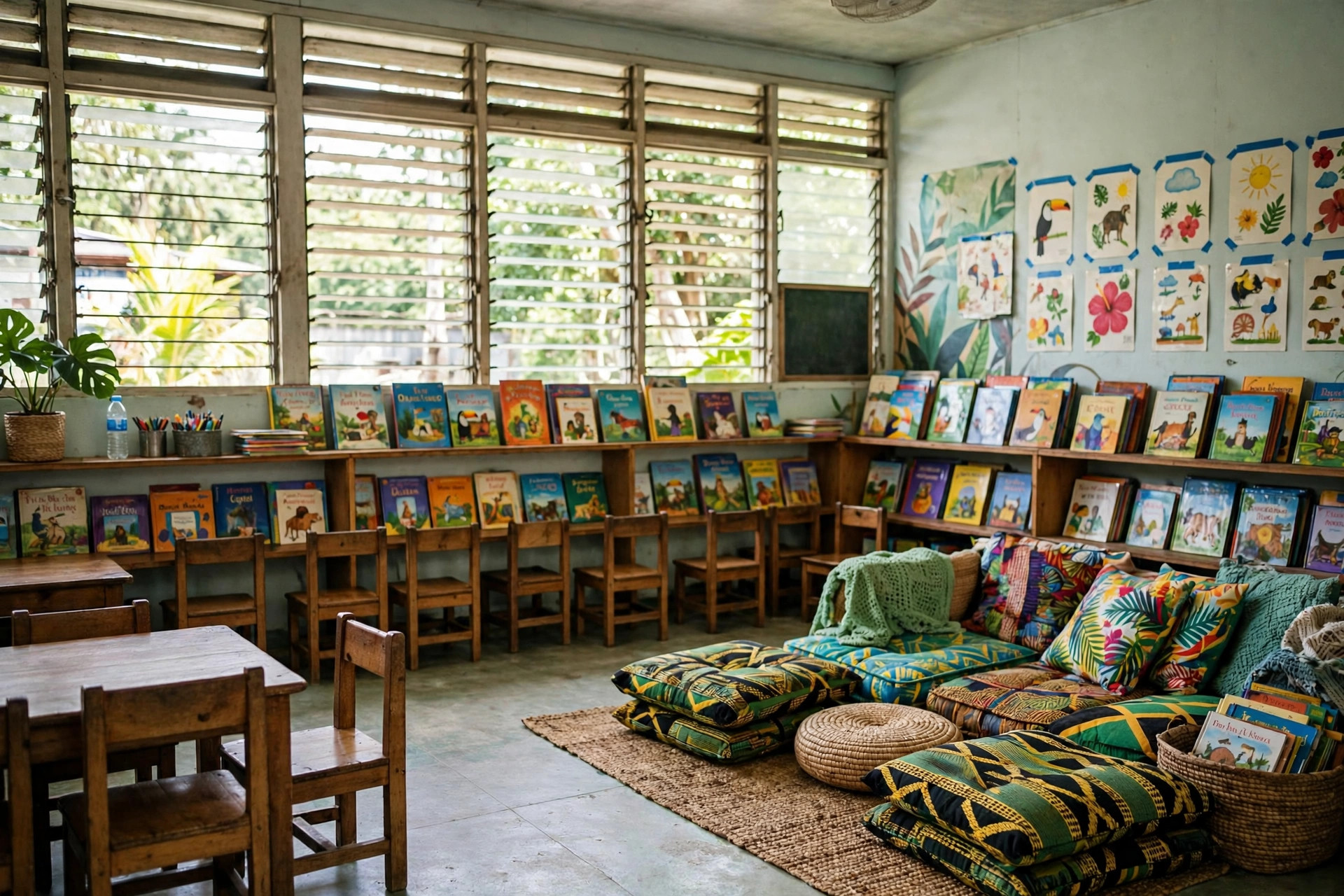 A bright early childhood classroom with small chairs, picture books on low shelves and a reading corner.