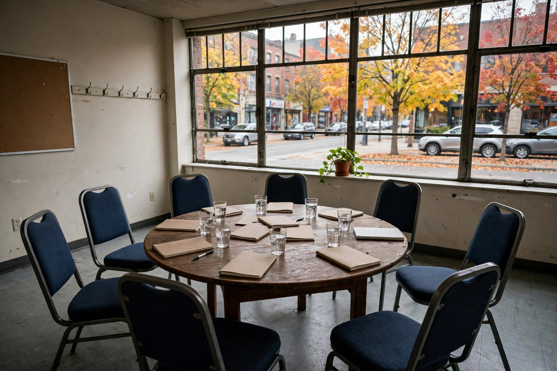 A community centre room set for a mentorship meeting, with chairs around a table, notebooks and water glasses.