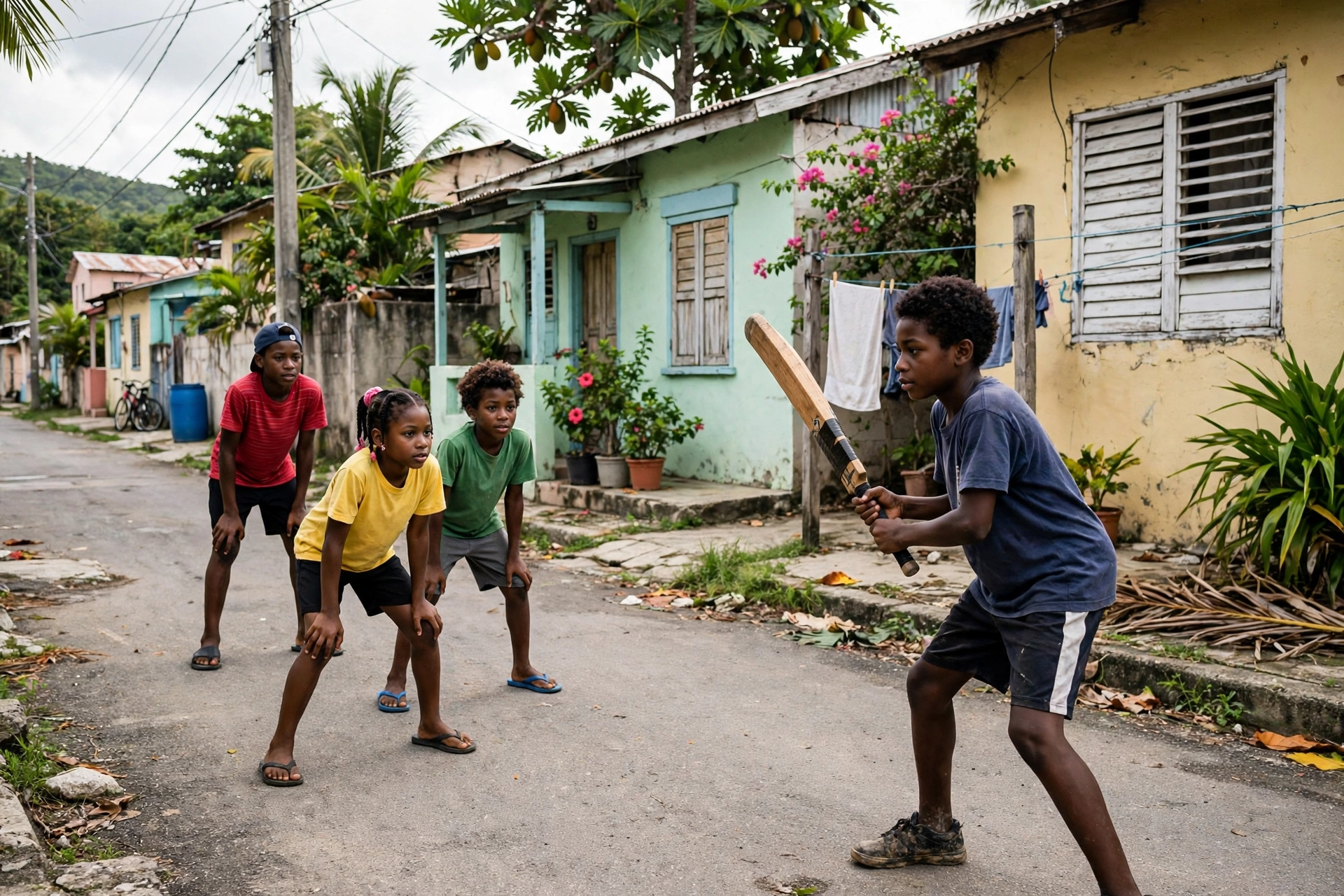 Black Caribbean children playing street cricket