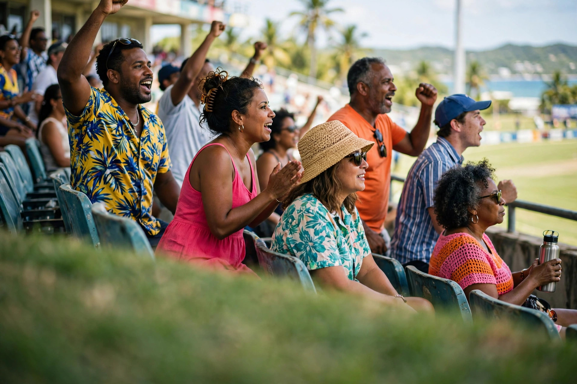 Fans in a sunlit Caribbean stadium stand cheer during a match.