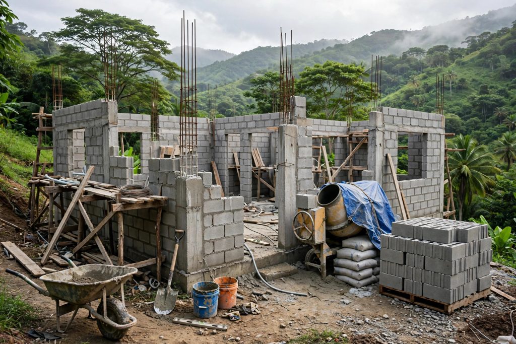 An unfinished concrete block house in Jamaica, rebar rising from the walls, building in stages