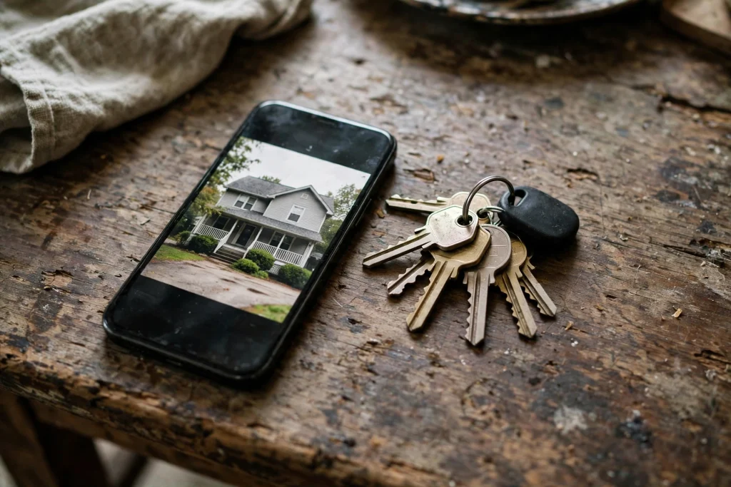 House keys on a kitchen table beside a phone showing a photo of the house back home