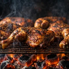 Jerk chicken quarters grilling over glowing coals with smoke rising