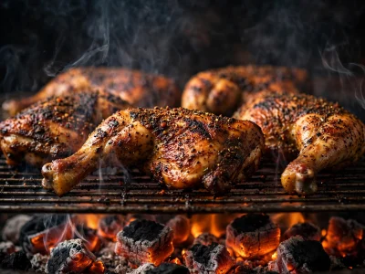 Jerk chicken quarters grilling over glowing coals with smoke rising