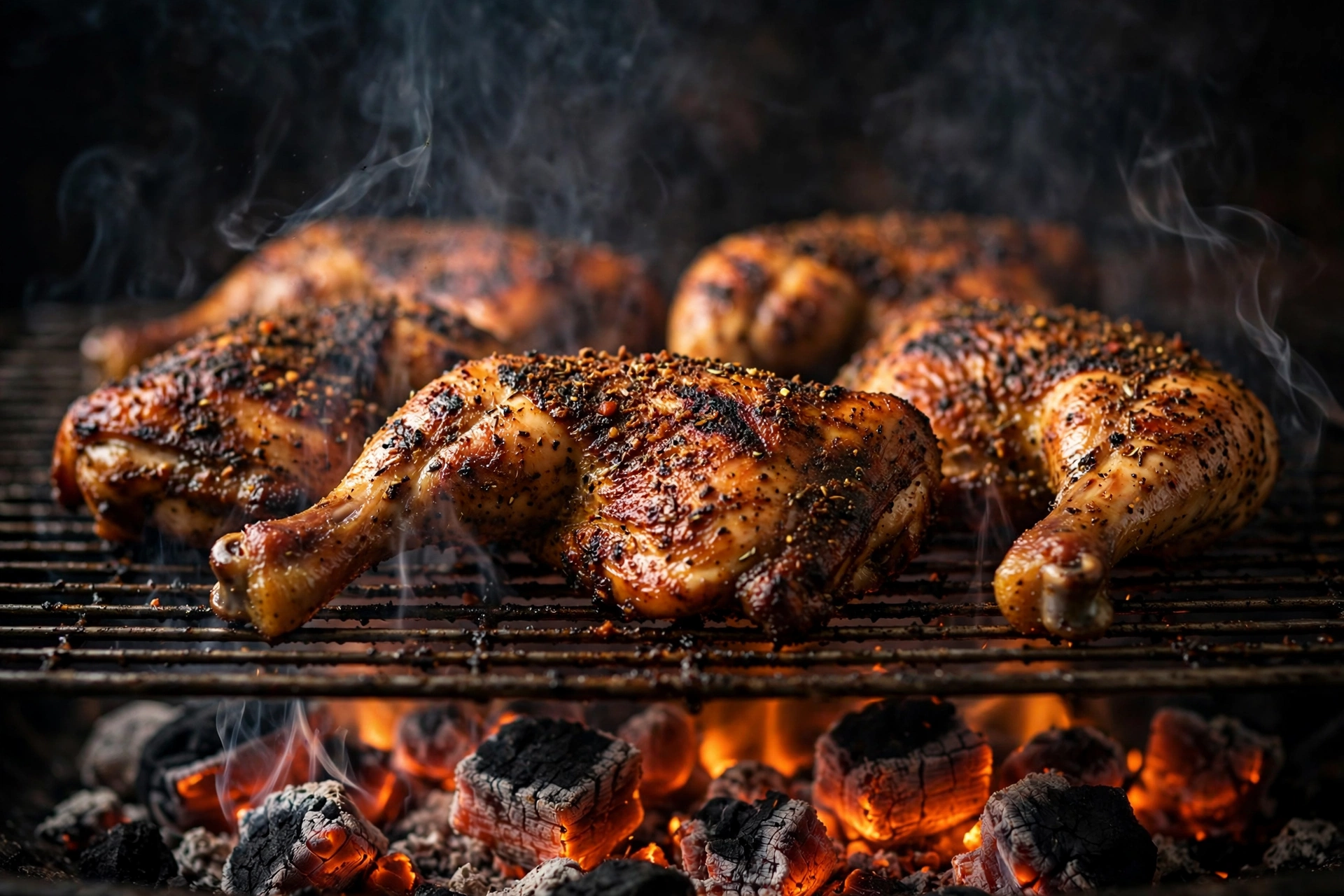 Jerk chicken quarters grilling over glowing coals with smoke rising