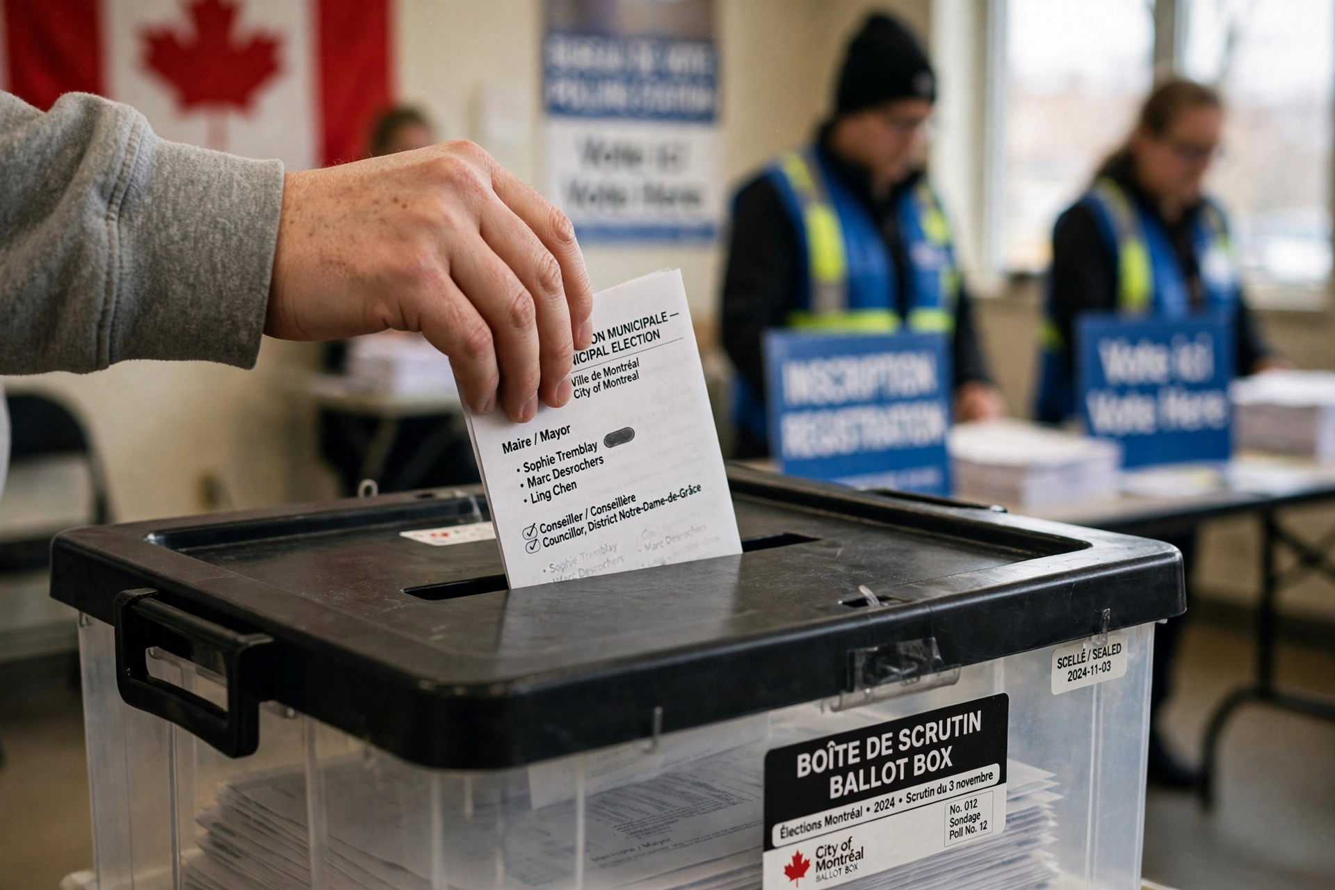 A hand placing a ballot into a ballot box