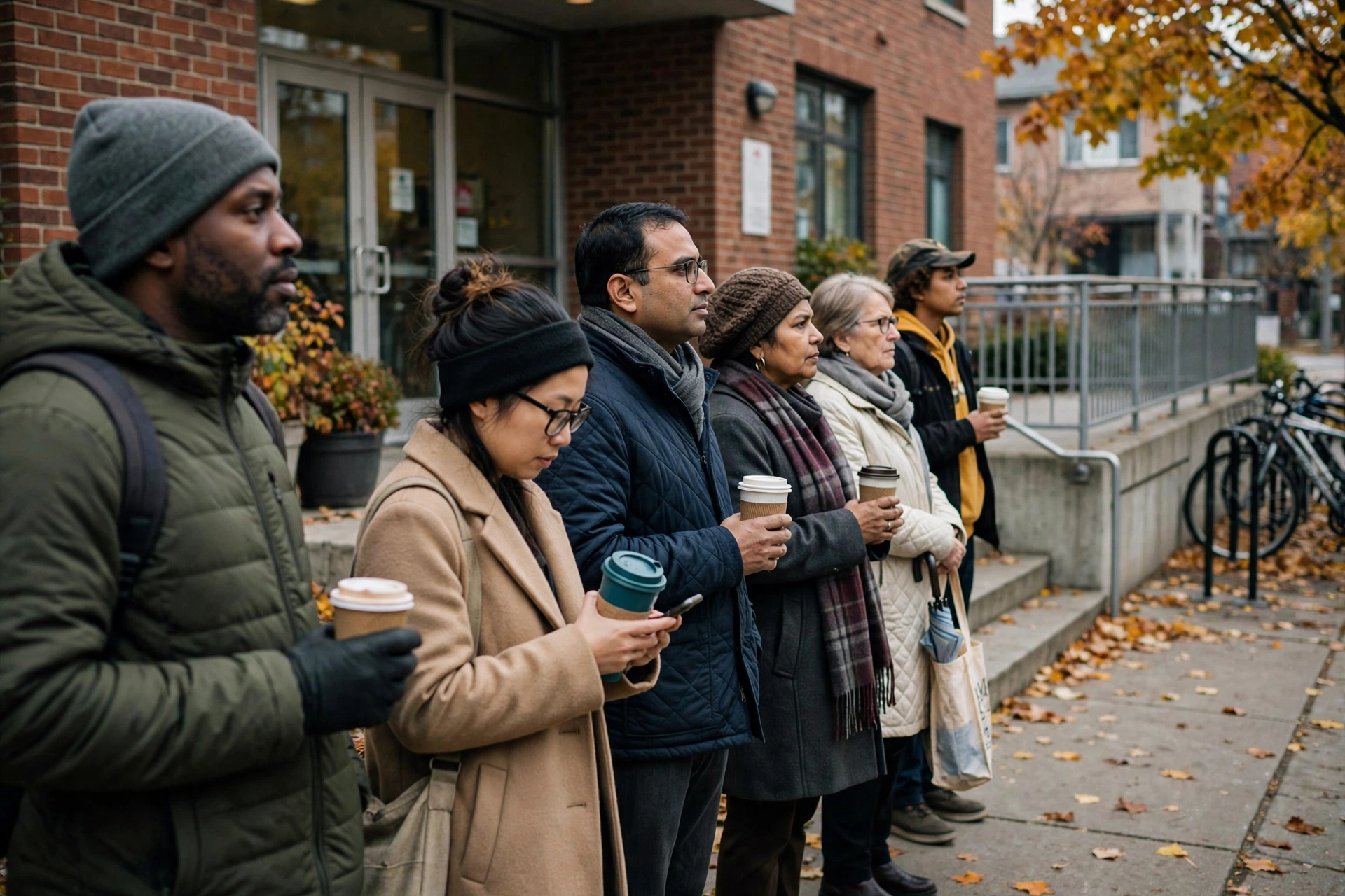Voters lining up outside a community centre voting place on an autumn morning