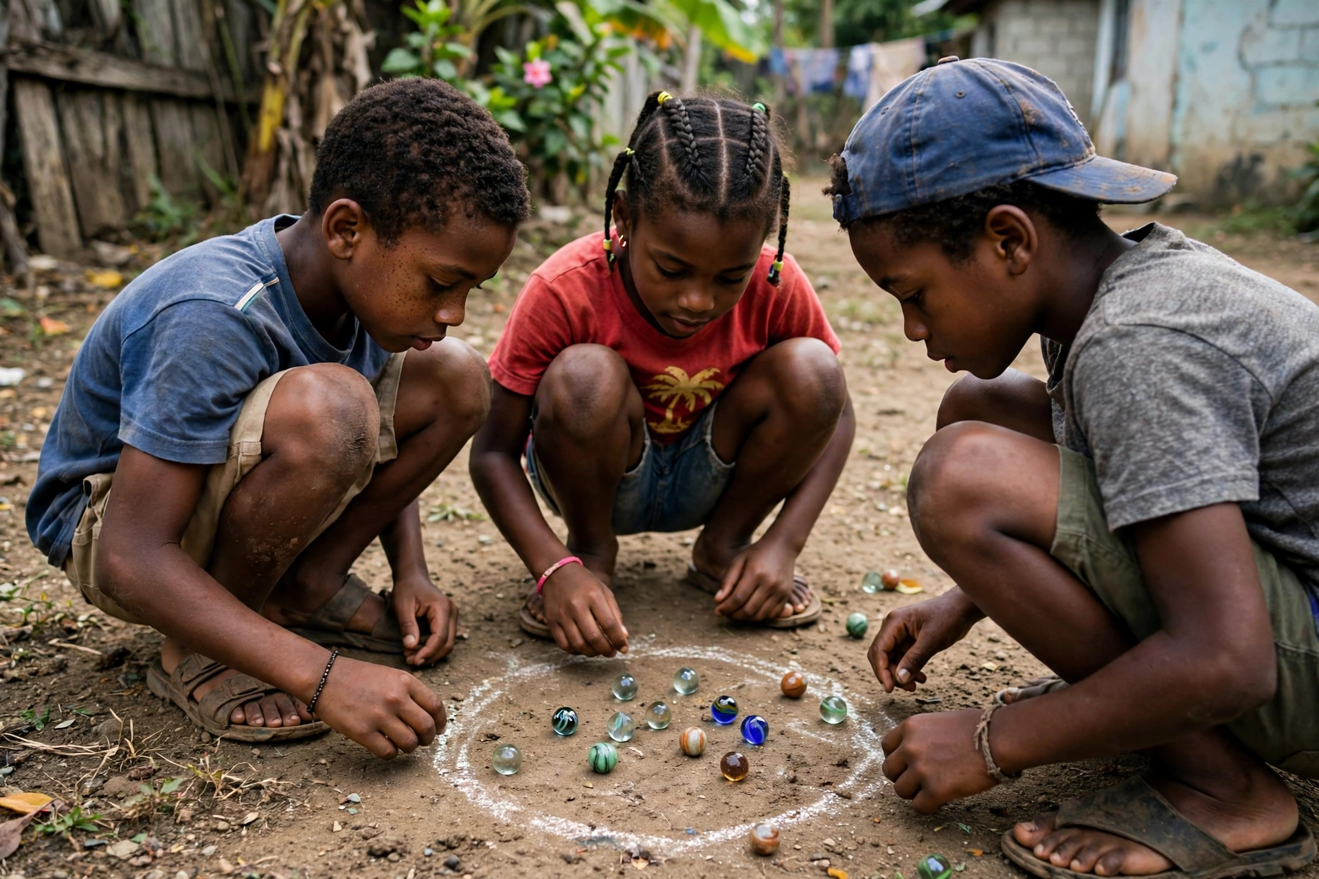 Black Caribbean children playing marbles