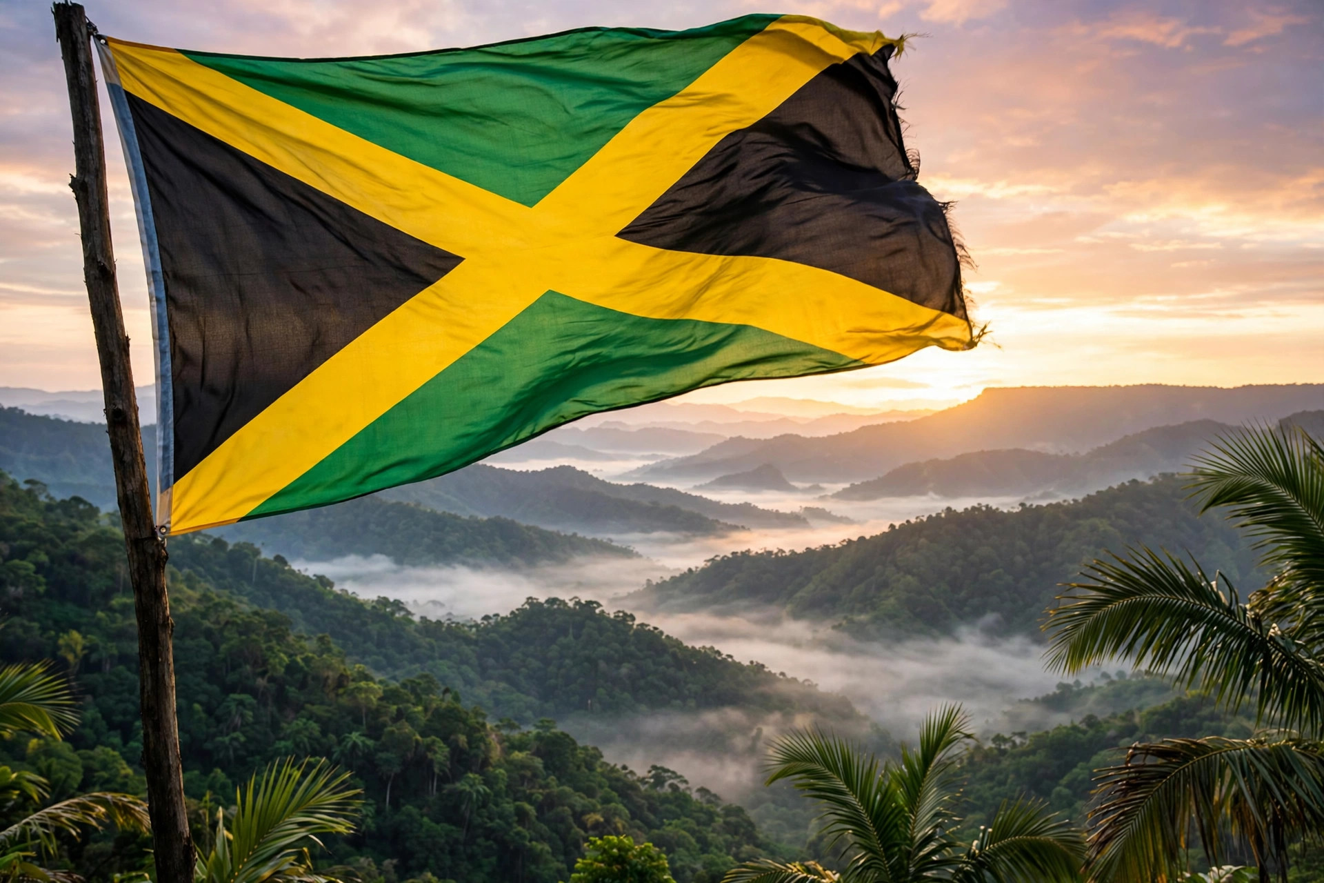 Jamaican flag waving above the Blue Mountains at sunrise