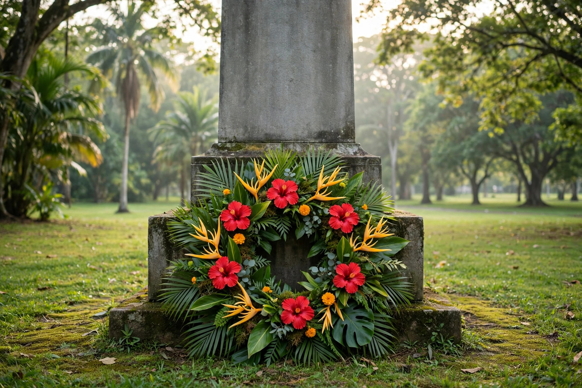 Tropical flower wreath at the foot of a stone monument in a park
