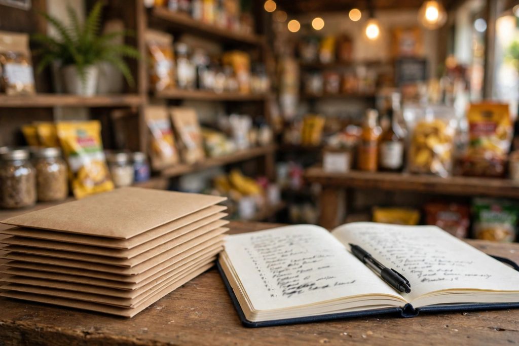 Envelopes and a notebook on a shop counter, the paper record a banker keeps for a box hand or susu savings circle