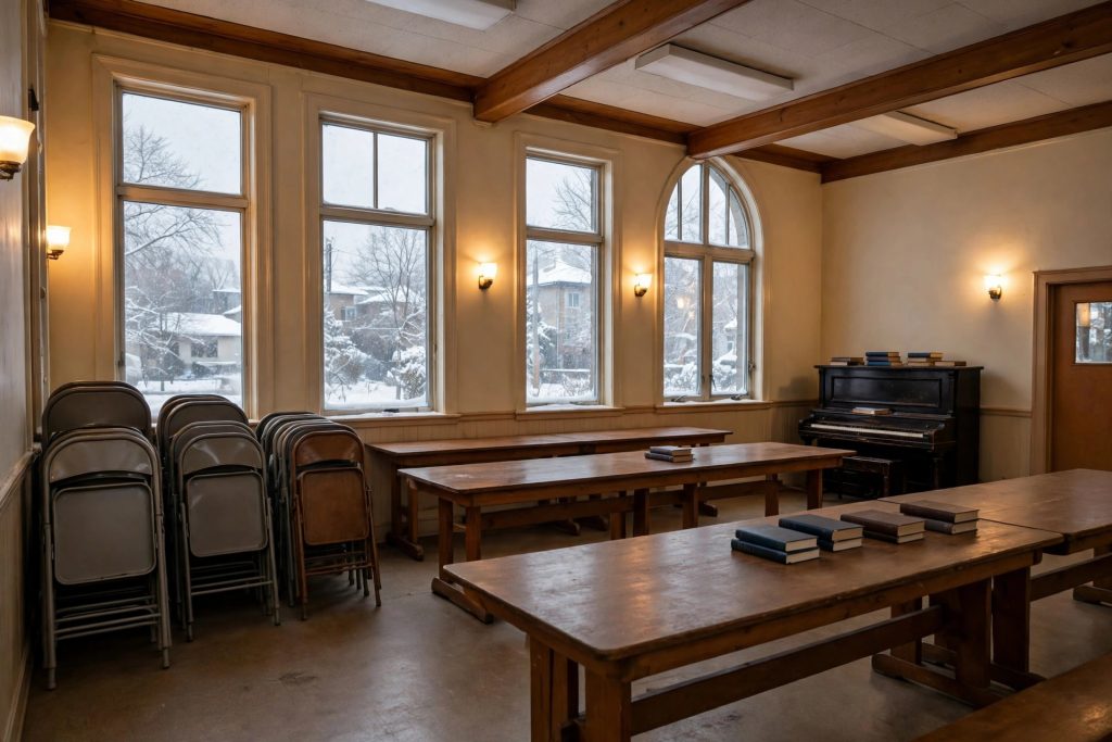A church hall in Toronto with chairs stacked after a service, the kind of room where pardner circles are organized and savings groups meet.