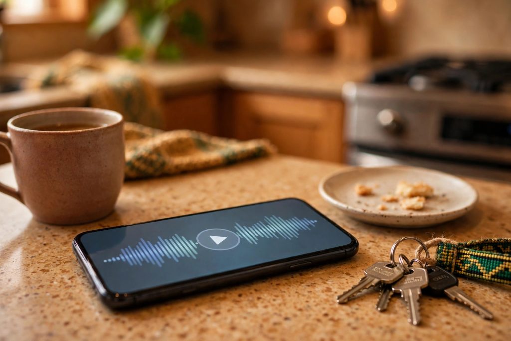 A phone on a kitchen counter showing a voice note conversation with family