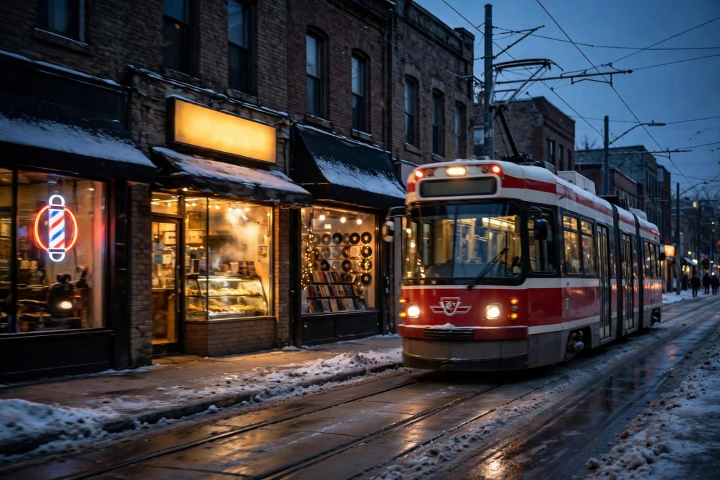A streetcar on Eglinton West in Little Jamaica at dusk, passing a patty shop and a record shop
