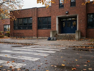 A brick GTA school front, October morning, empty crossing, backpacks by the door.