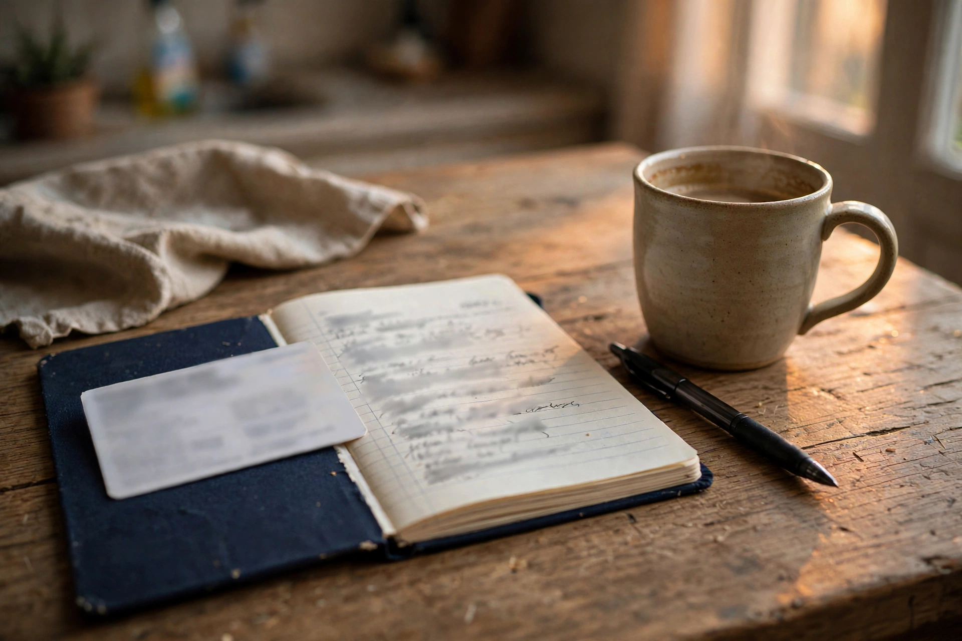 A kitchen table with a blurred voter card, a notebook of questions and a mug.