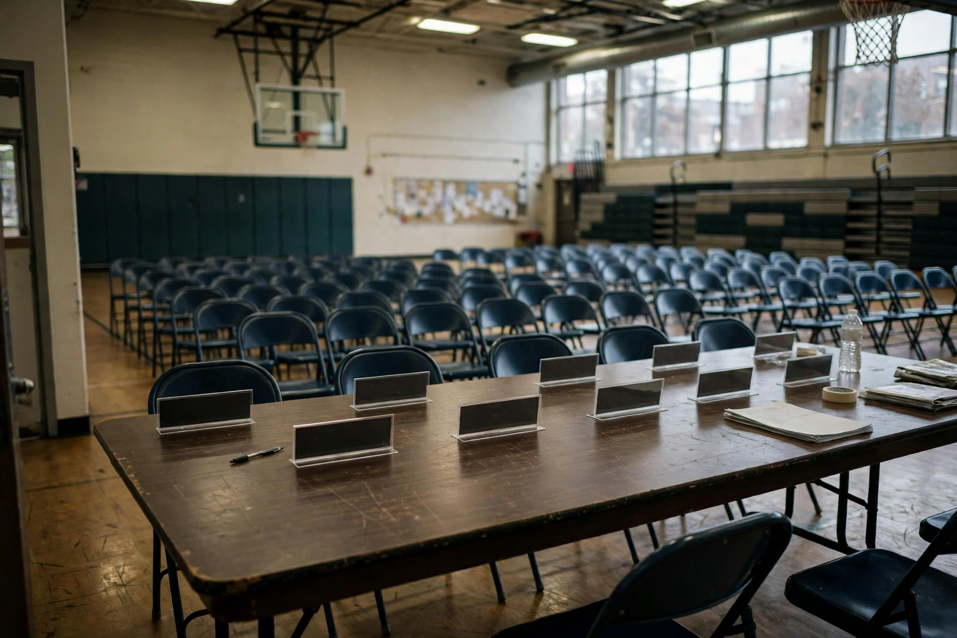 Rows of empty chairs in a school gym set for an all candidates meeting, blank nameplates up front.